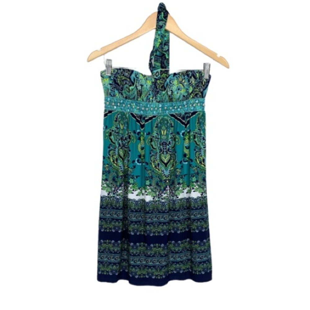 Vintage Y2K Teal Green Blue Paisley Print Tied Halter Mini Dress With Waist Ties